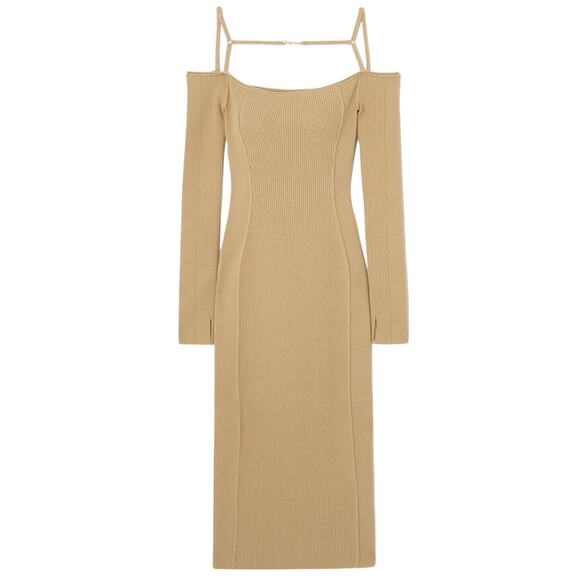 Jacquemus Dresses & Skirts - Jacquemus Embellished Ribbed Knit Sand Sierra Midi Dress Size FR 32 / US 0